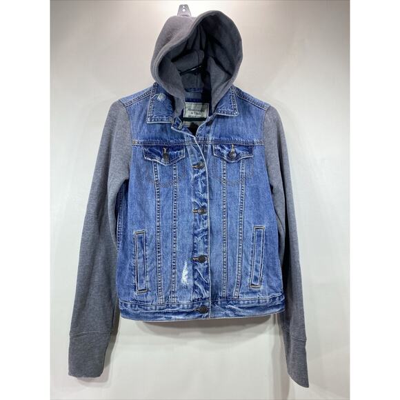 Abercrombie & Fitch Distressed Vintage Denim Jacket Hoodie Size Boy's Small 34" - Picture 1 of 12